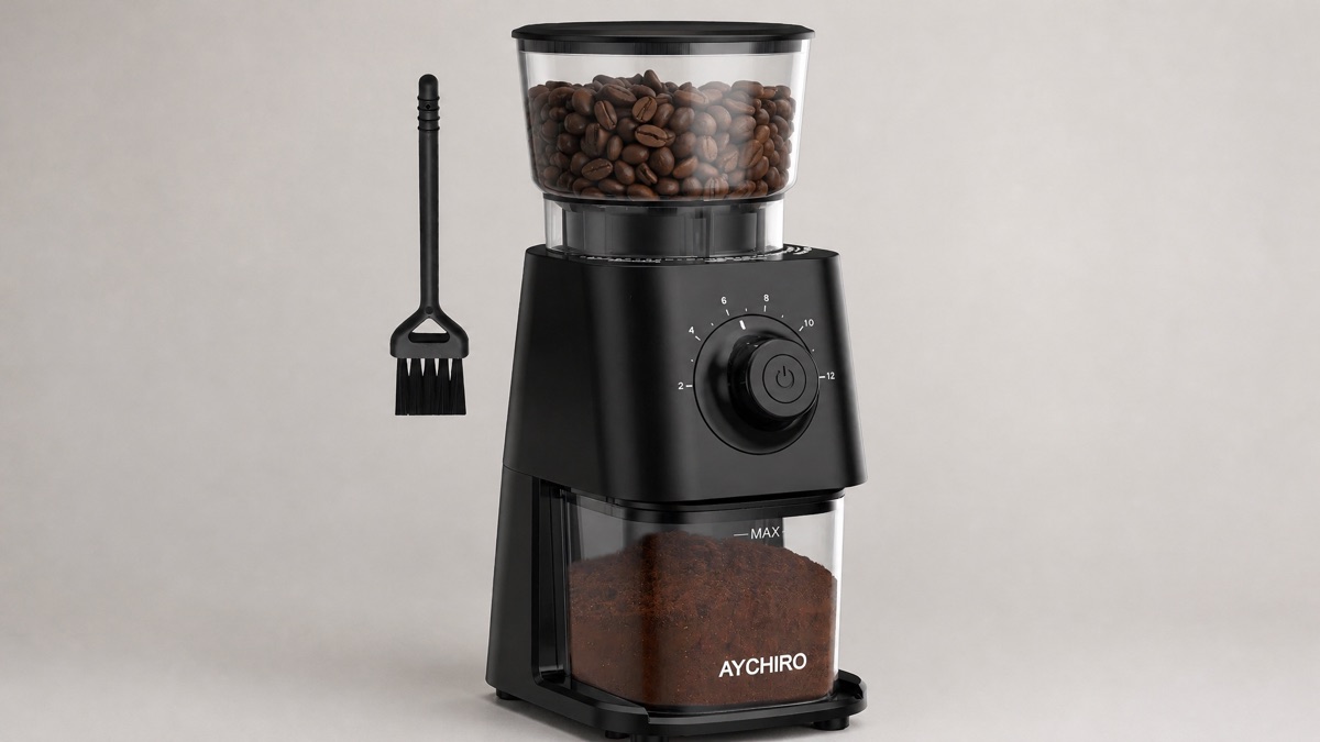 Black Aychiro conical burr coffee grinder with a bean hopper, grounds container and cleaning brush