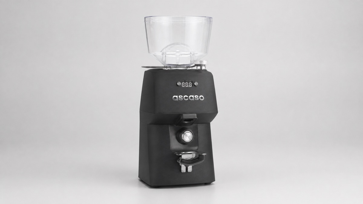 Black Ascaso H64 coffee grinder with clear hopper on a plain background