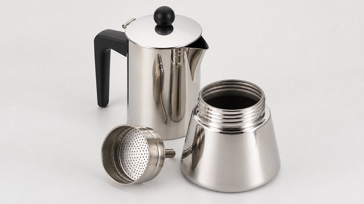 Stainless steel BonJour stovetop espresso maker taken apart into lid and upper pot, filter basket and base
