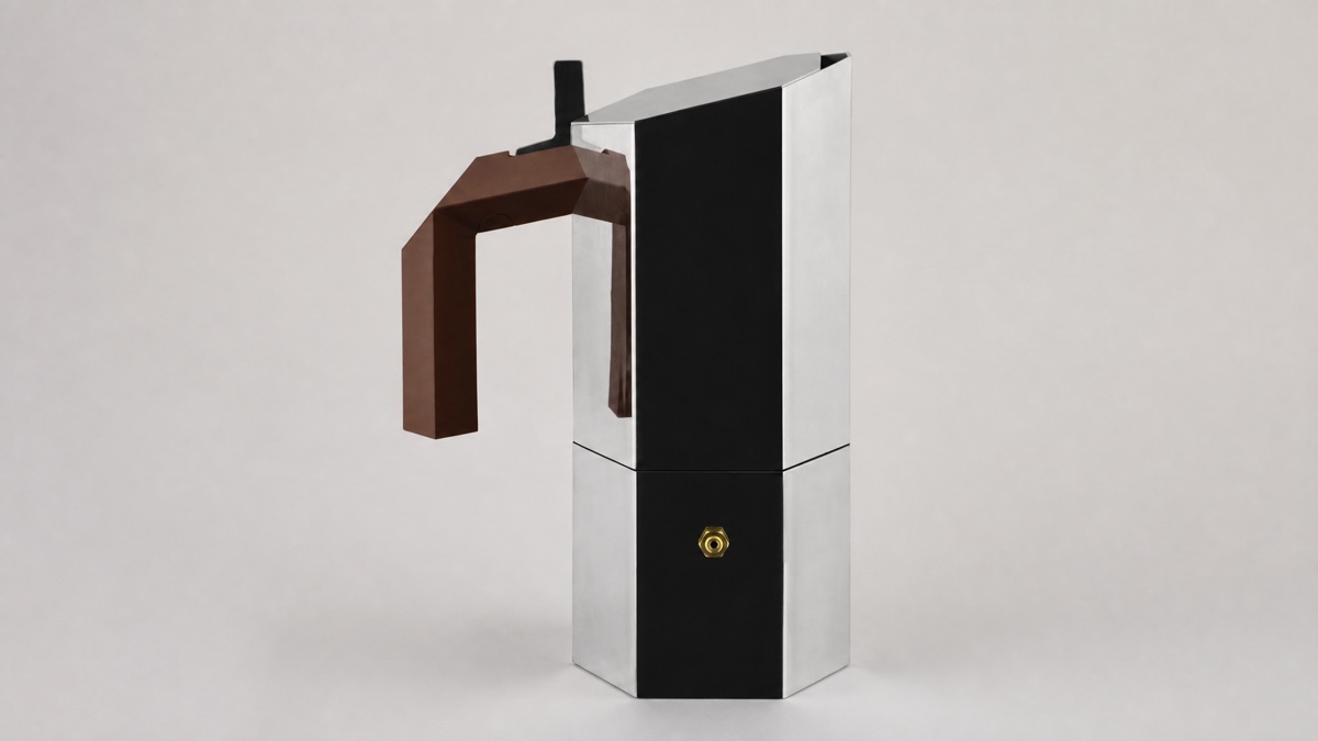 Alessi Menhir stainless steel stovetop espresso coffee maker with burgundy handle on a plain background