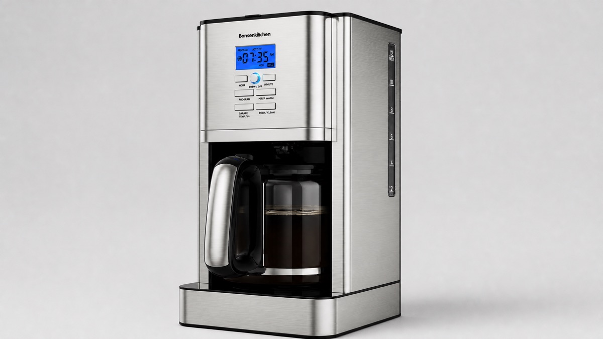 Silver Bonsenkitchen CM8903 12 cup drip coffee maker with a glass carafe and blue display