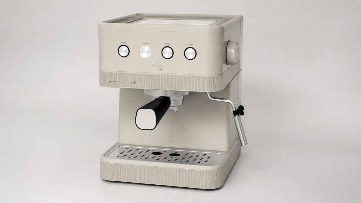 Bella Pro 20 bar espresso machine with portafilter and steam wand on a plain background