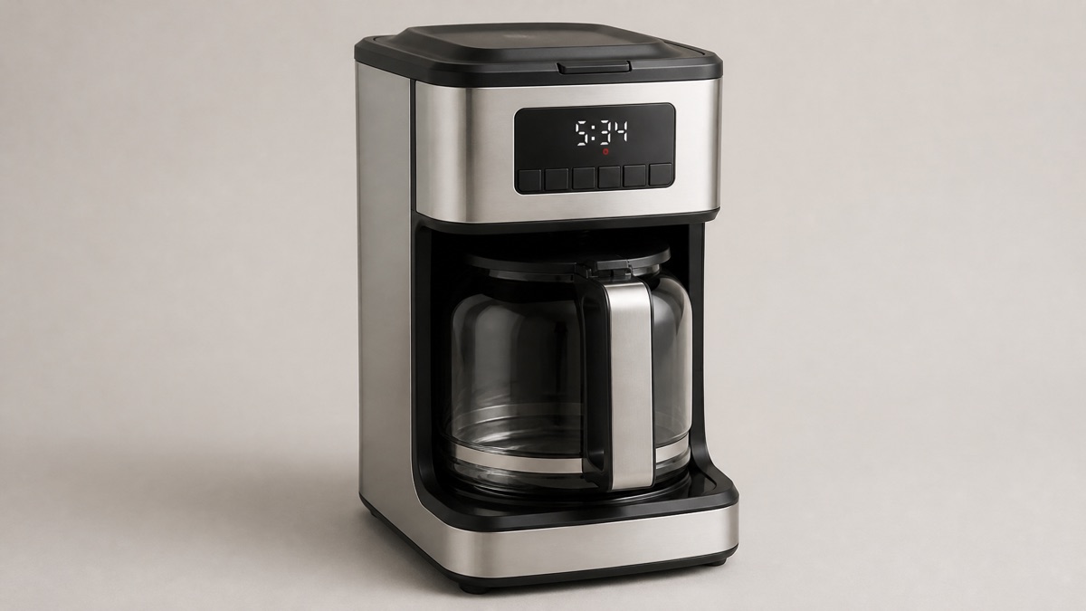 Bella Pro Series 12-cup programmable coffee maker in stainless steel and black with a glass carafe and LCD display