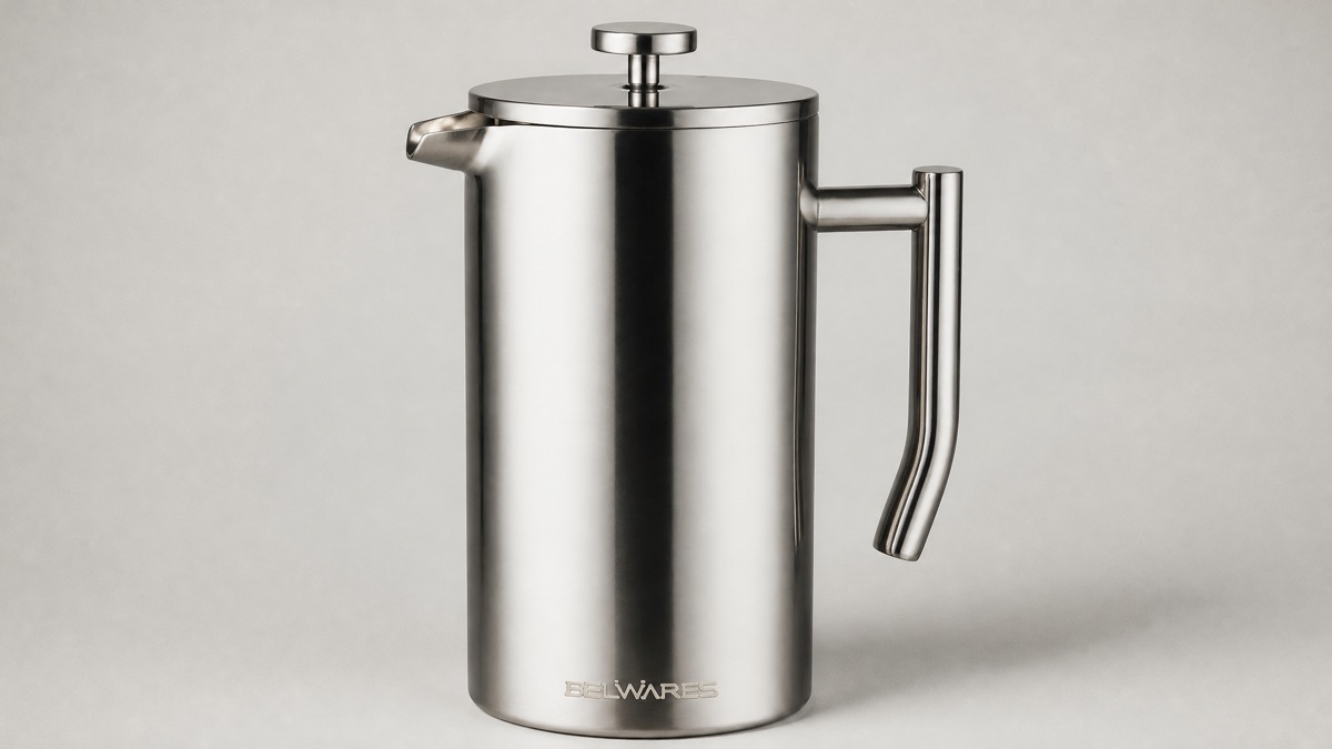 Belwares stainless steel French press on a plain background