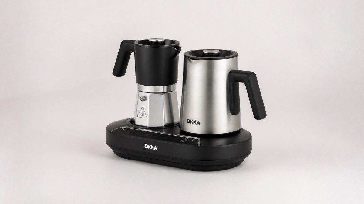 Arzum Okka Rich Moka Pot with black heating base, moka pot and stainless steel Turkish coffee pot on a plain background