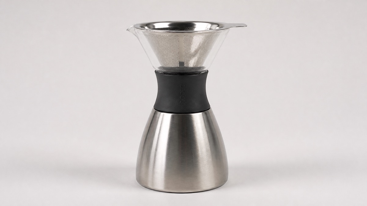 Asobu insulated pour over coffee maker with glass cone on a steel carafe