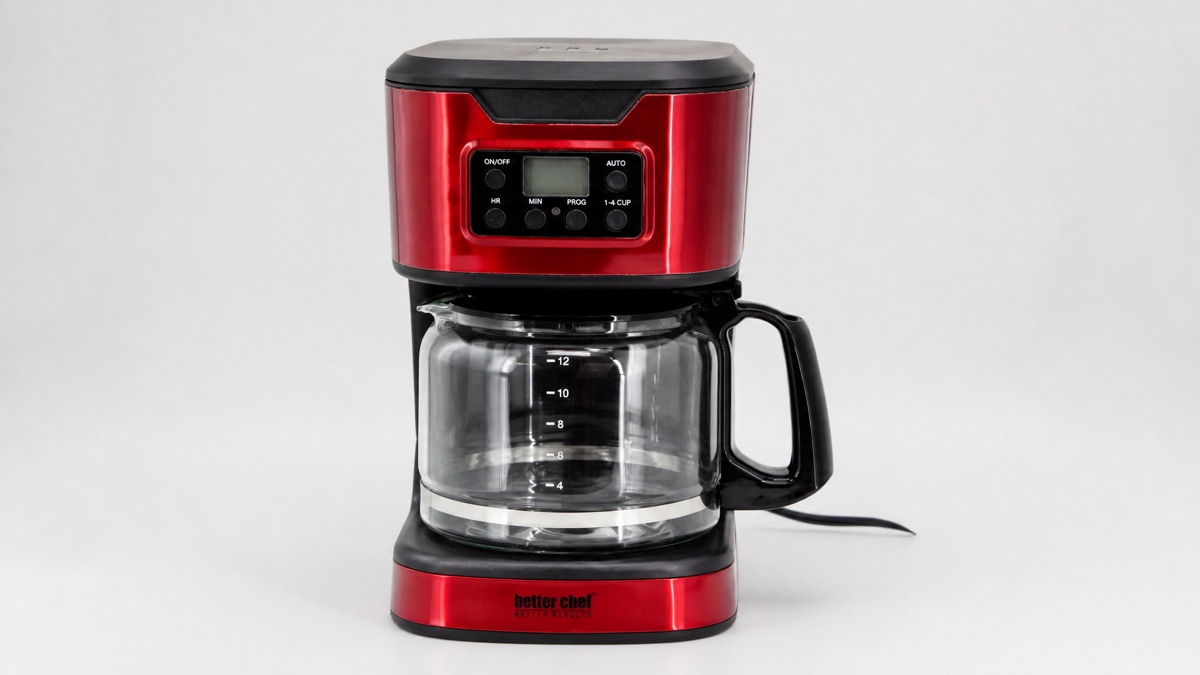 Better Chef IM-127R red 12-cup digital coffee maker with glass carafe on a plain background