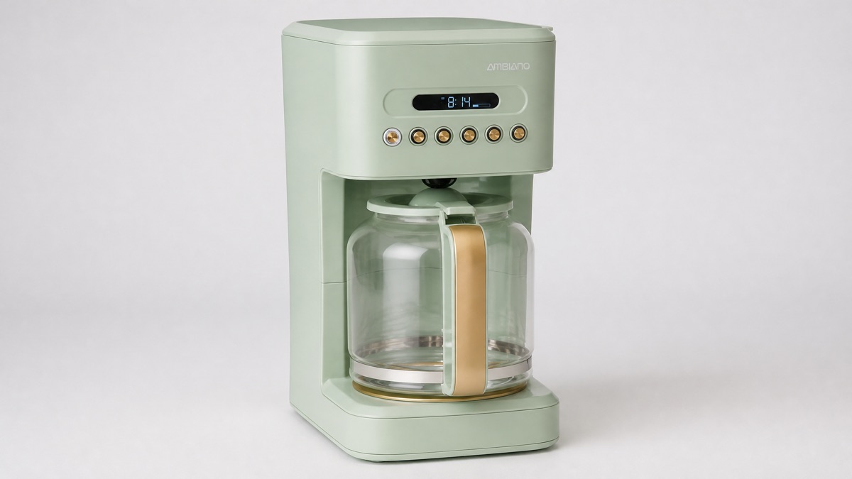 Ambiano programmable drip coffee maker in sage green with a glass carafe and gold handle on a plain background