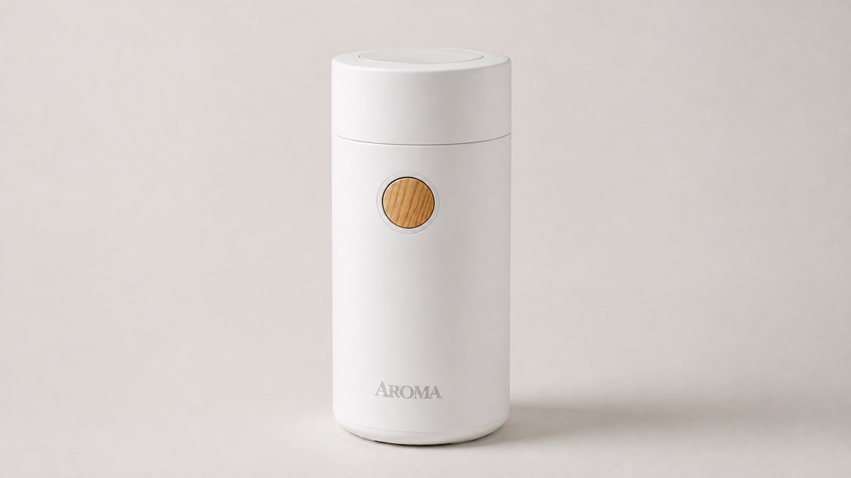 White Aroma ACG-107 electric compact coffee grinder with a wood-accented power button on a plain neutral background