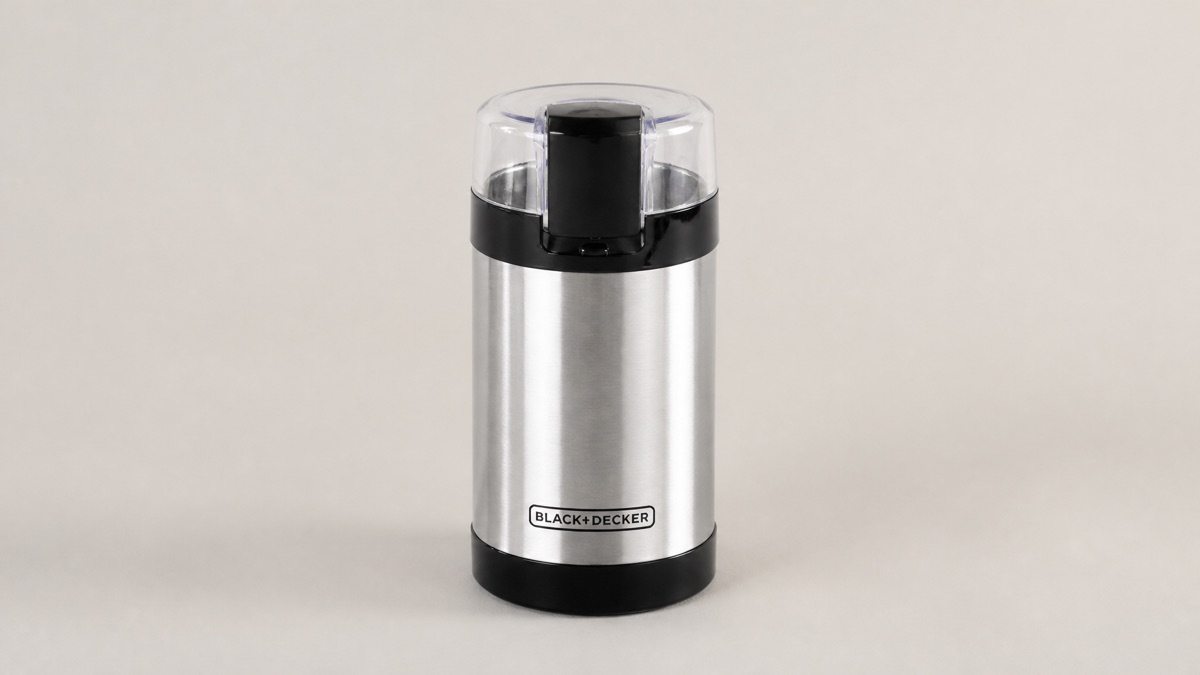 BLACK+DECKER One Touch stainless steel coffee grinder on a plain background