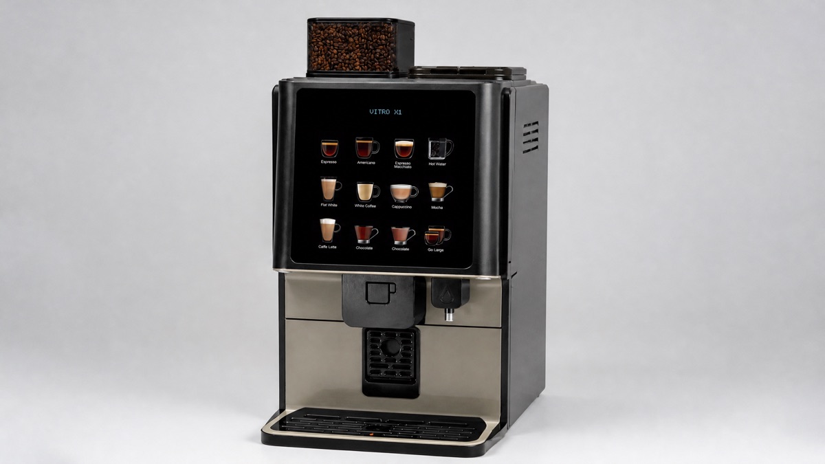 Azkoyen Vitro X1 commercial bean-to-cup espresso machine in black and grey with a 12-drink panel and a bean hopper on top