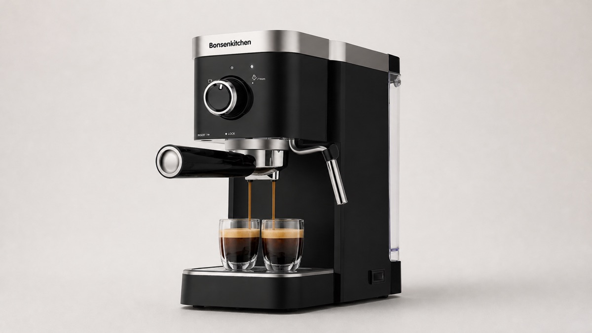 Black Bonsenkitchen espresso machine with a portafilter, steam wand and two glasses of espresso