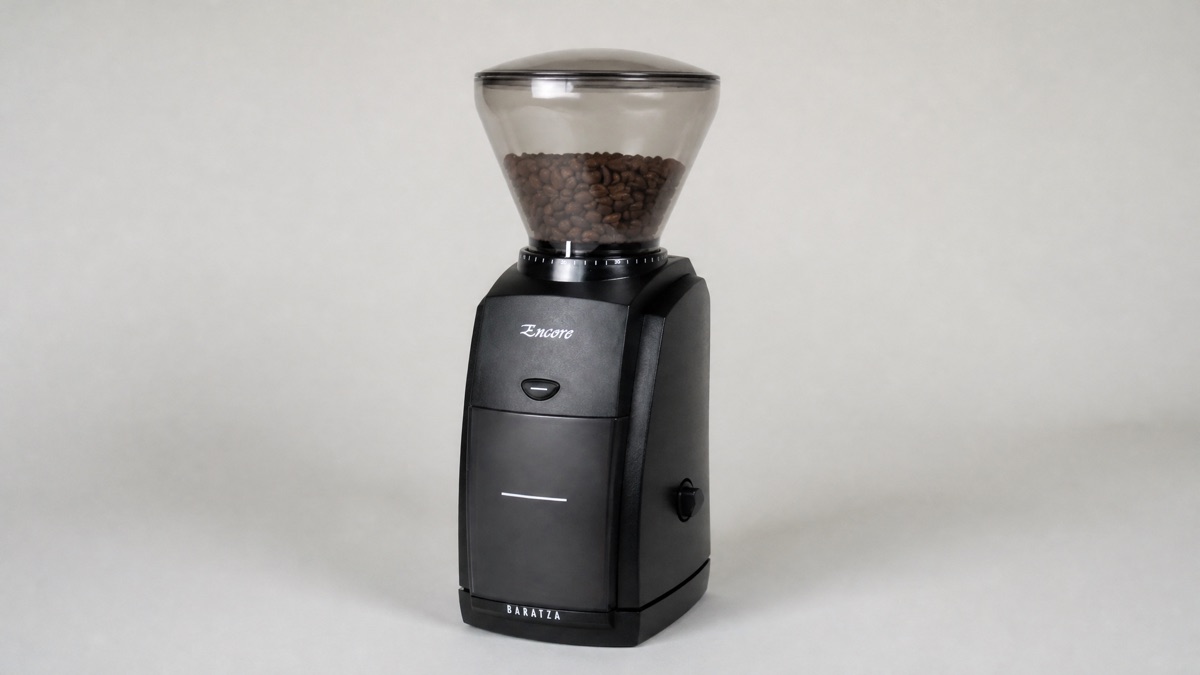Black Baratza Encore conical burr coffee grinder with bean hopper and grounds bin