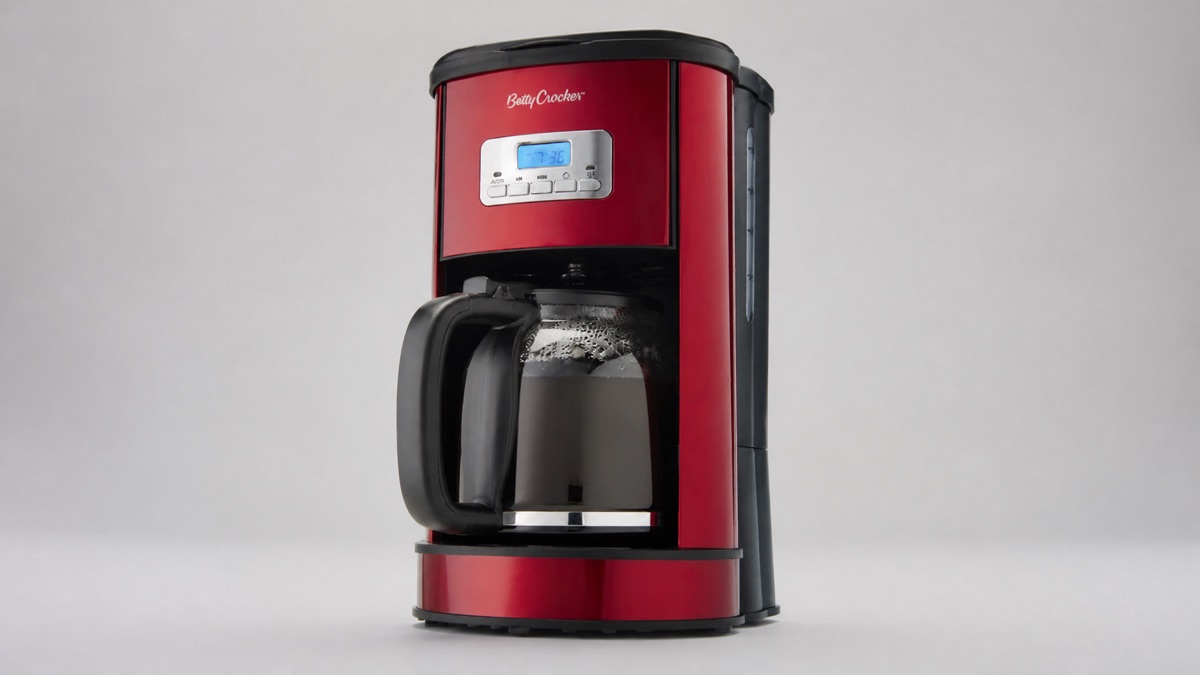 Red metallic Betty Crocker 12-cup digital coffee maker with LED display and glass carafe