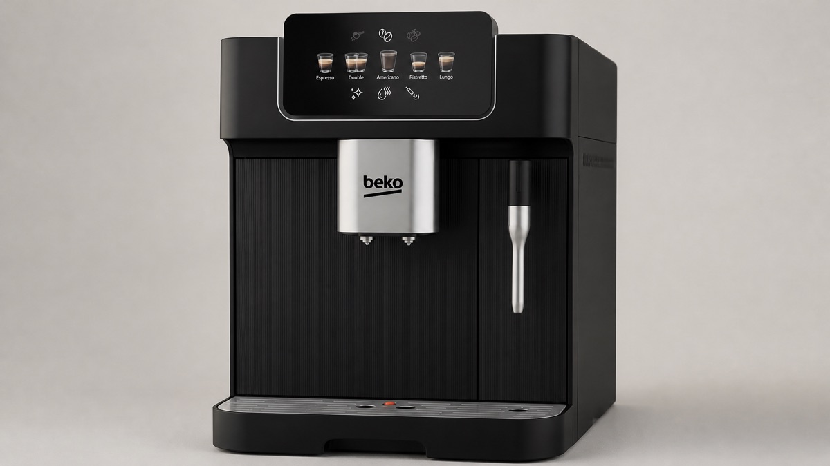 Beko bean-to-cup coffee machine with a steam wand on a plain background