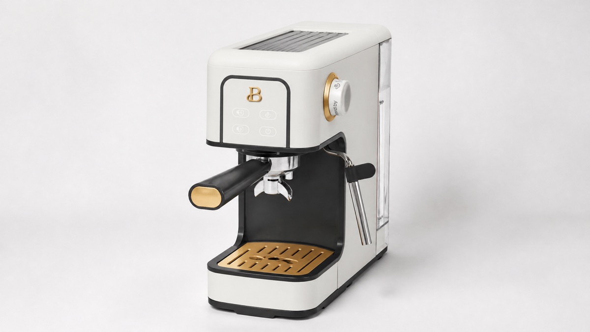 Beautiful Slim Espresso Maker by Drew Barrymore on a plain background