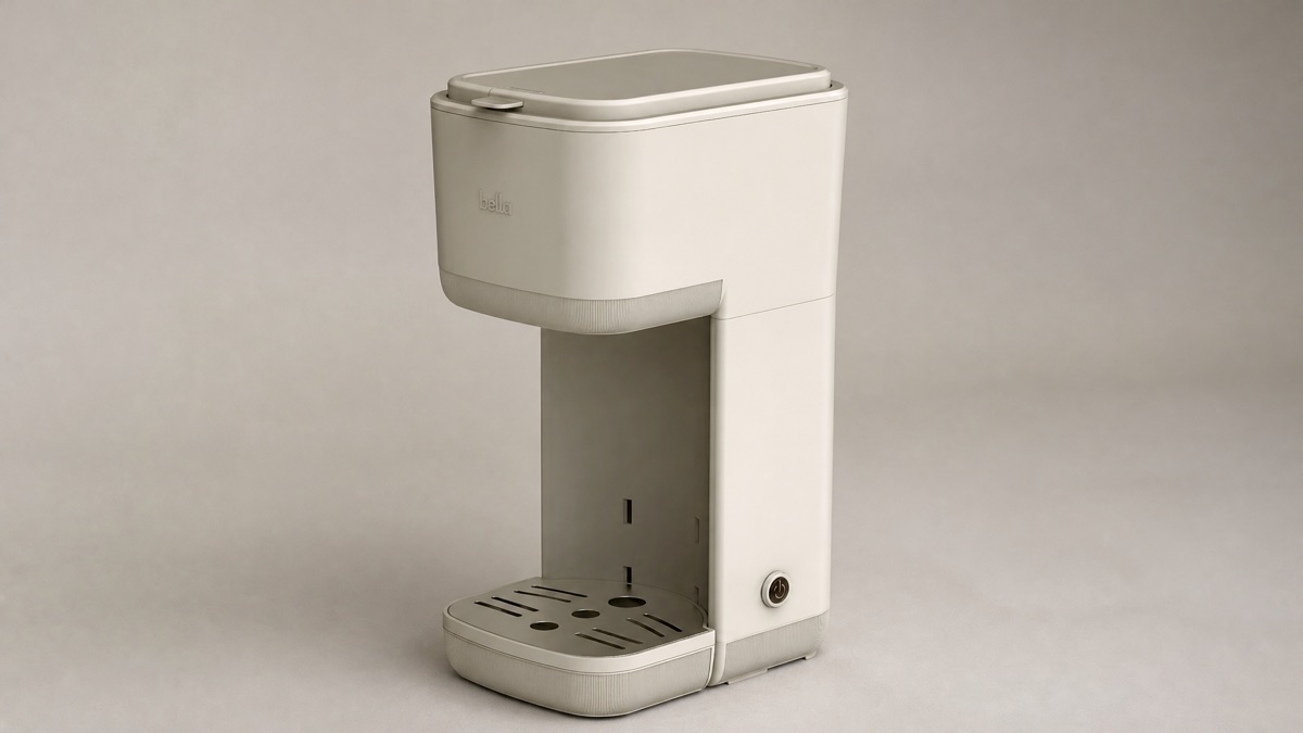 Bella single-serve coffee maker with a removable drip tray on a plain background