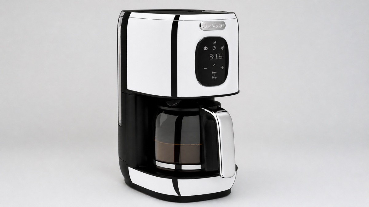 All-Clad 8-cup stainless steel drip coffee maker with touchscreen and glass carafe on a plain background