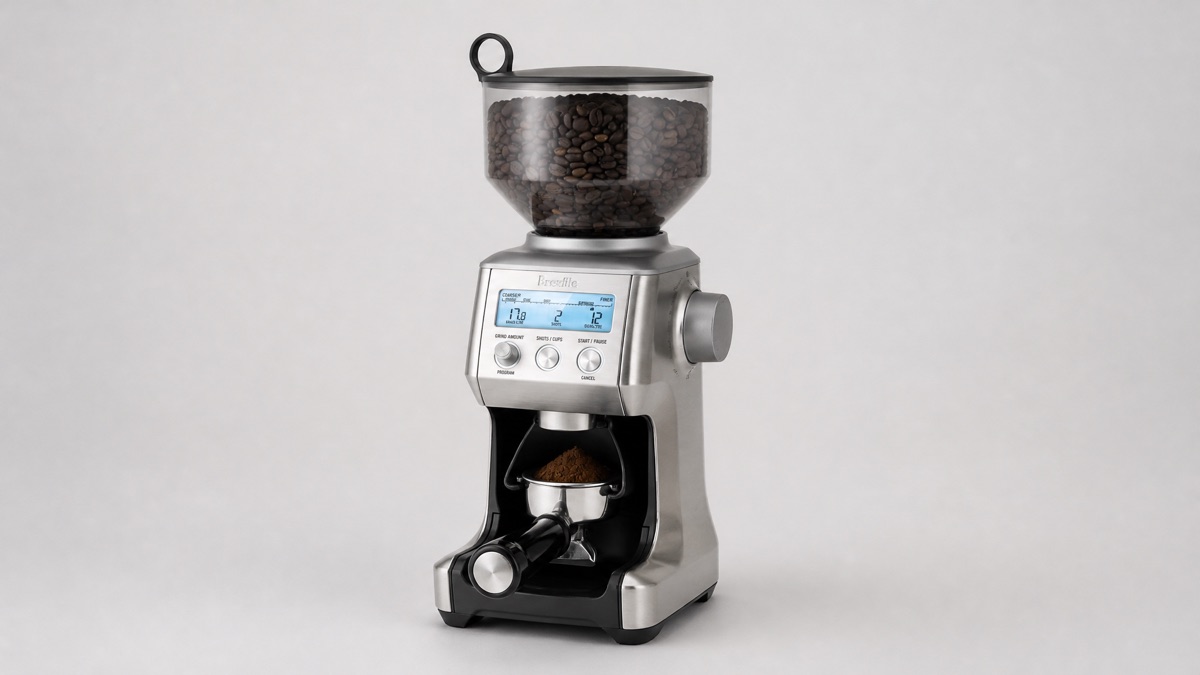 Breville Smart Grinder Pro stainless steel conical burr coffee grinder with a portafilter and beans in the hopper on a plain gray background