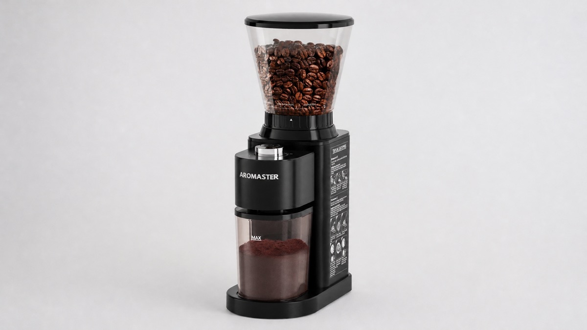 Black Aromaster CG204 conical burr coffee grinder with a hopper of roasted beans and a chamber of ground coffee