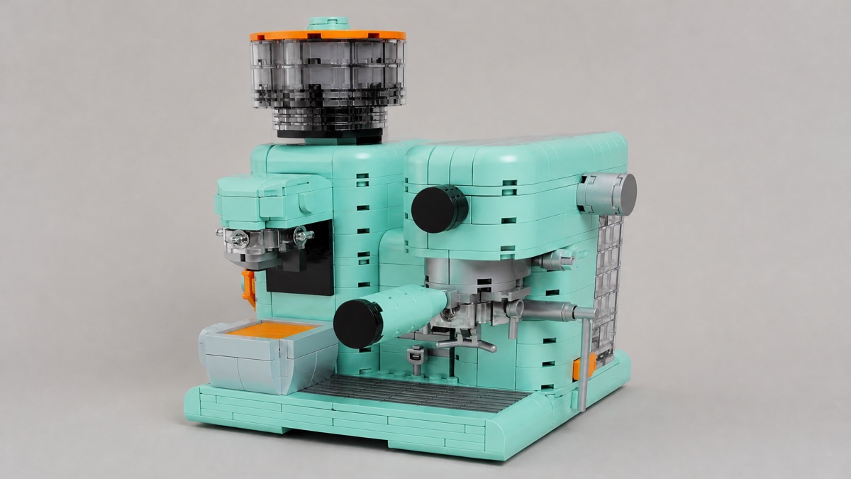 Block Tech Espresso Machine building block set on a plain background