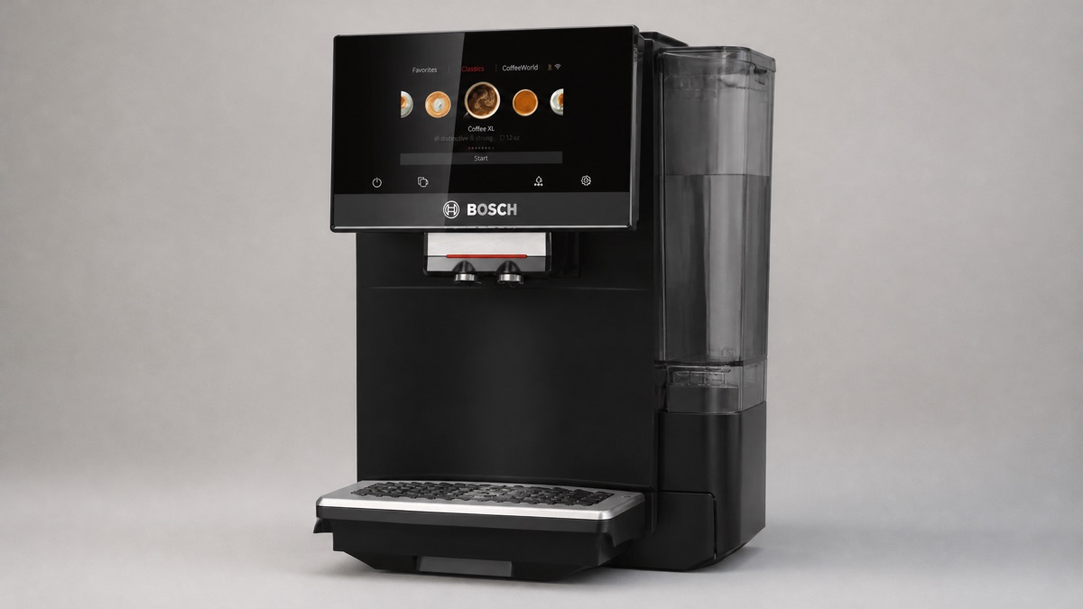 Black Bosch 800 Series VeroCafe TPU60309 fully automatic espresso machine with a color touchscreen