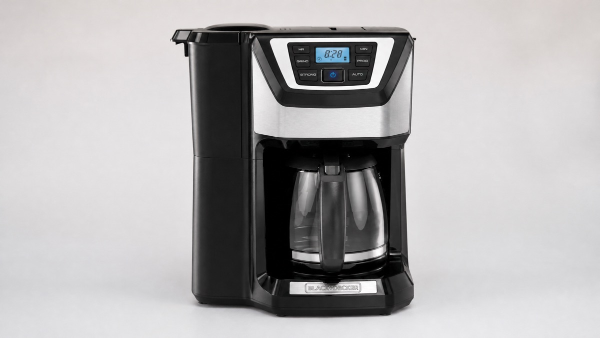 Black Black+Decker CM5000B Mill and Brew coffee maker with glass carafe and control panel