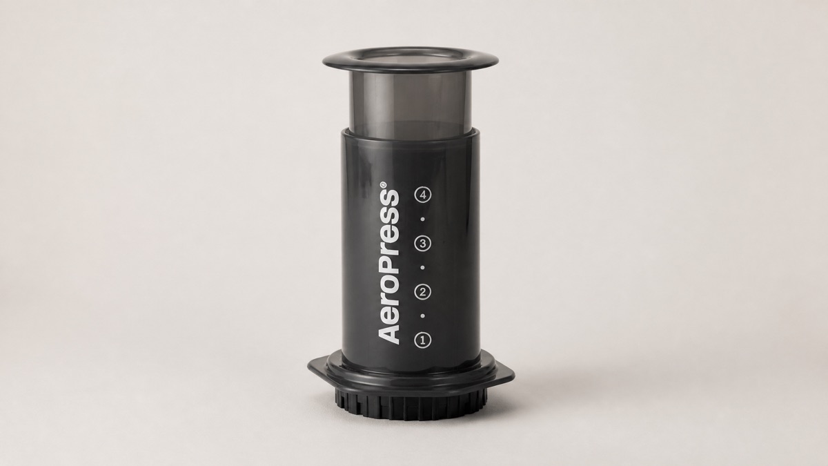 AeroPress Original coffee maker with black chamber and numbered markings on a plain background