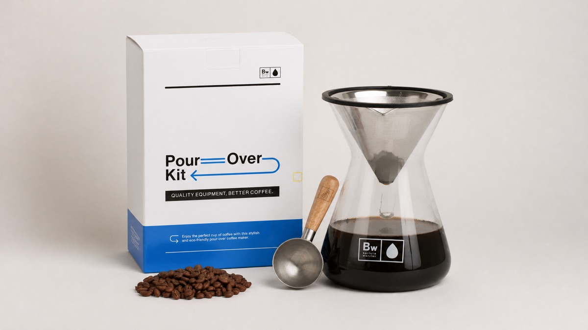 Barista Warrior pour over set with glass carafe and metal filter on a plain background