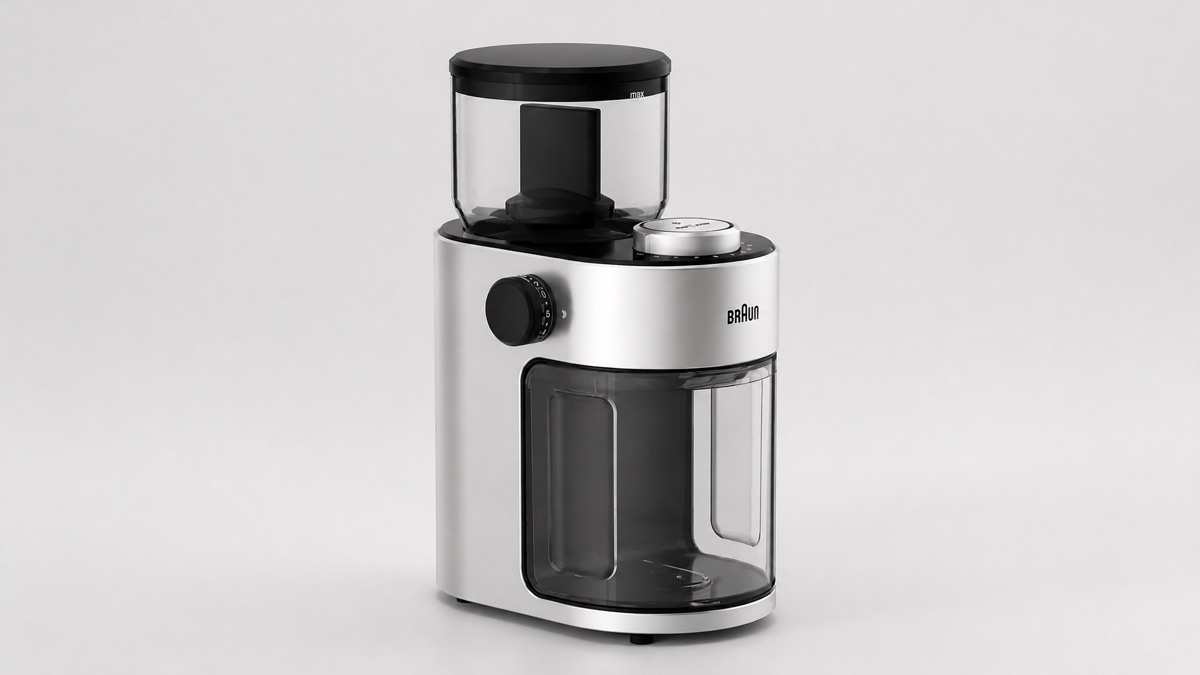 Braun KG7070 FreshSet burr coffee grinder in stainless steel and black on a plain gray background