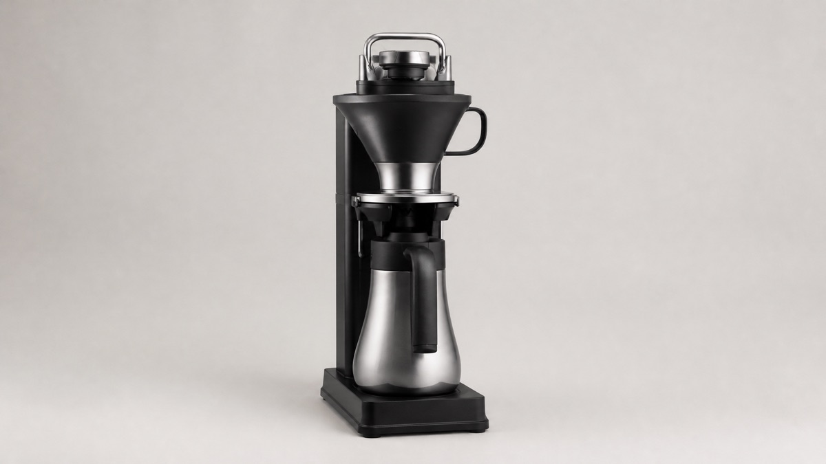 Balmuda The Brew coffee maker with stainless steel carafe on a plain background
