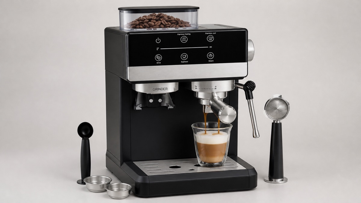 Bluebow espresso machine with built-in grinder, steam wand and accessories on a plain background