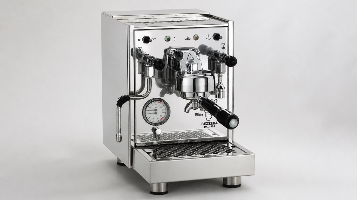 Bezzera BZ10 stainless steel espresso machine with dual pressure gauge and portafilter