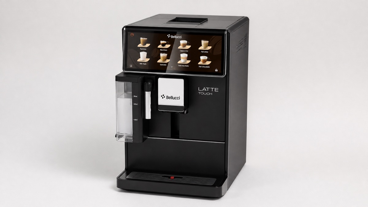 Black Bellucci Latte Touch automatic espresso machine with touchscreen and milk carafe