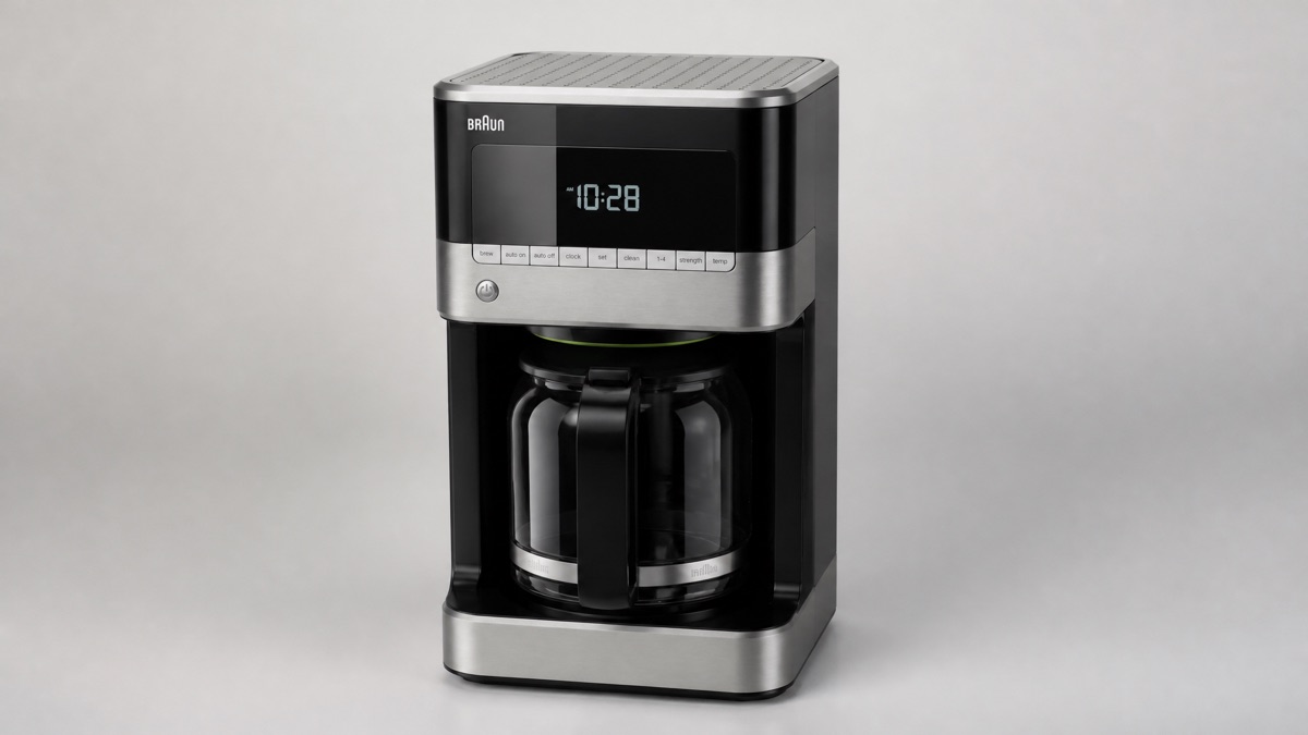 Braun BrewSense 12-cup drip coffee maker in black and stainless steel on a plain gray background