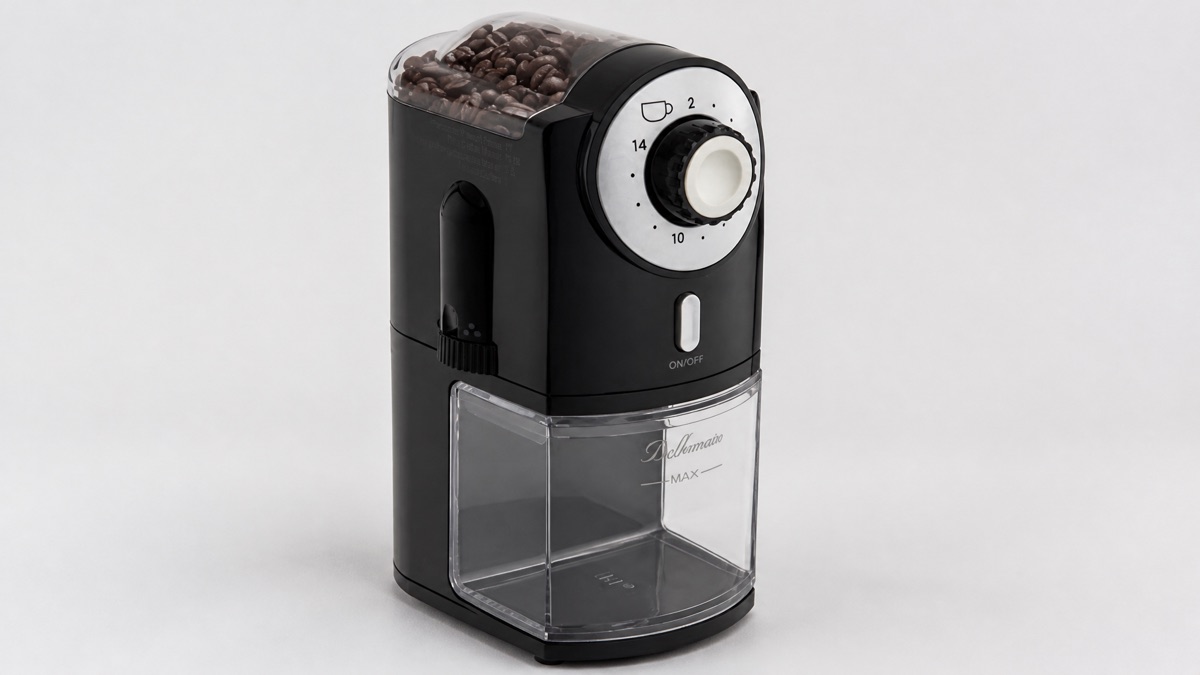 Bellemain burr coffee grinder with a bean hopper, cup dial and clear grounds cup