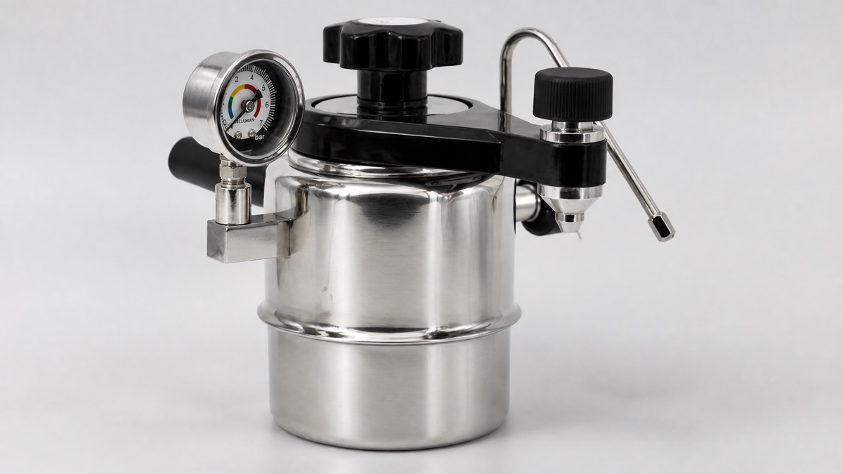 Stainless steel Bellman CX25P stovetop espresso maker with a pressure gauge and steam wand on a plain neutral background