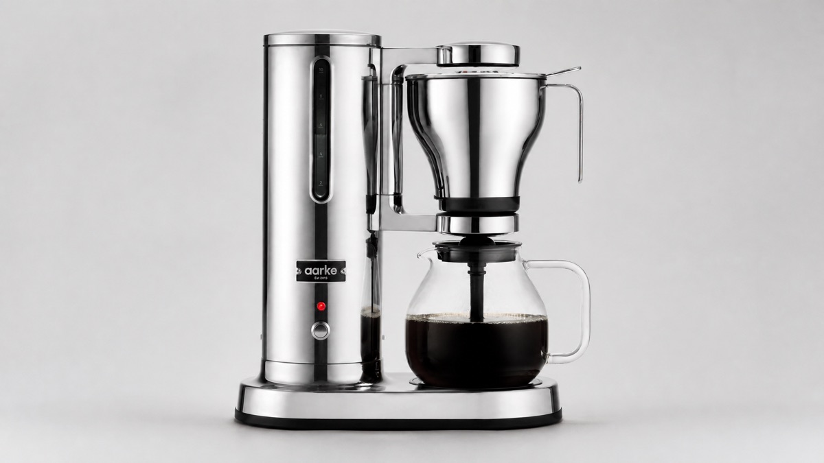Aarke stainless steel drip coffee maker with glass carafe on a neutral background